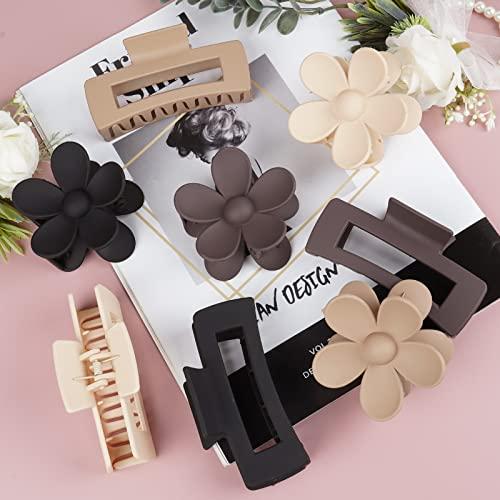 TOCESS TOCESS Hair Claw Clips for Women – Large Rectangle Hair Claw Clips for Thin & Thick Hair Big Neutral Flower Claw Clip for Curly & Fine Hair Matte Nonslip Strong Hold Jumbo Claws Jaw Clips Set (8 Pcs)