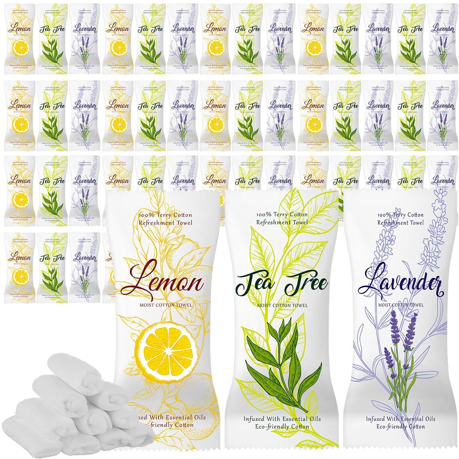 VitalCozy VitalCozy 240 Pcs Moist Cotton Towel Moist Towelettes Individually Wrapped Scent Disposable Face Towel 8.6\'\' x 8.6\'\' Hot/Cold Moistened Cleansing Wipes, Lemon Tea Tree and Lavender Scent (White)