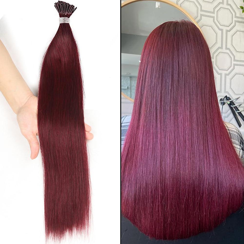 Kiss darling LASHES 99J Burgundy Red I Tip Hair Extensions Human Hair Pre Bonded Keratin Cold Fusion I Tip Real Remy Human Hair Extension For Women 100 Strands 100g 30\"inch