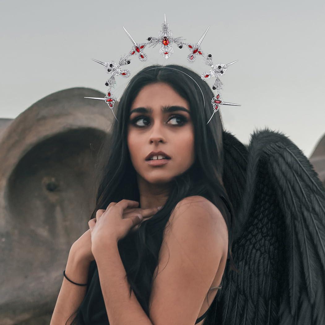 Formery Formery Spiked Halo Crown Silver Rhinestones Spider Halo Headpiece Halloween Festival Photo-shoot Crow Cross Halo Headband for Women and Girls