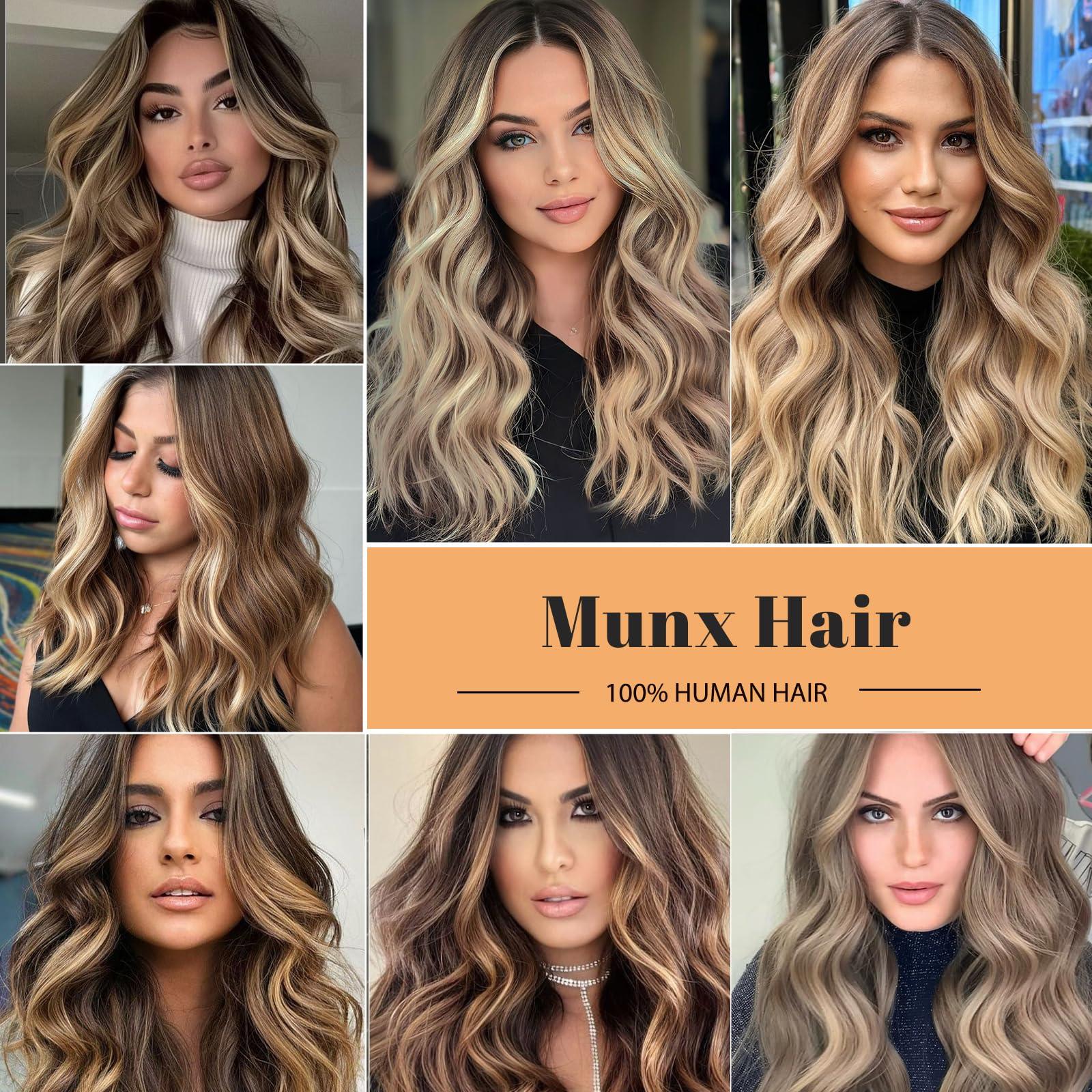 Munx Highlight Straight Lace Front Wigs Human Hair, Pre Plucked Ombre Brown 13x4 HD Transparent Lace Front Wigs Balayage Chestnut Brown Mixed Blonde 180% Density Full Frontal Wigs Long 32in