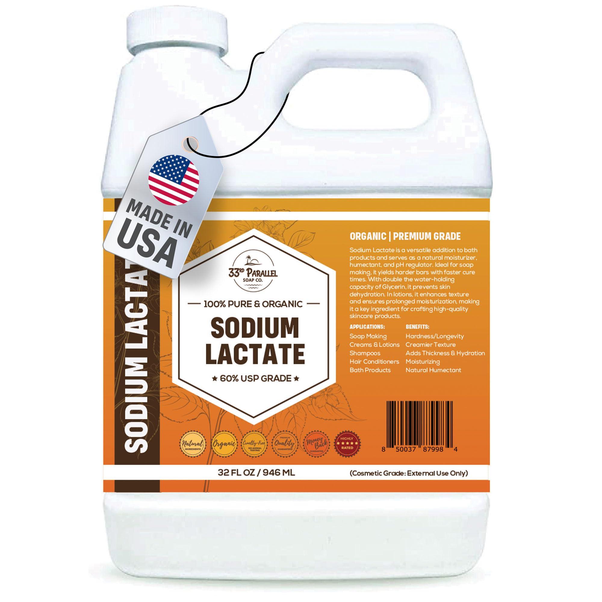 33RD PARALLEL SOAP CO. Sodium Lactate (32 oz) for Soap Making & Lotions, Premium Sodium Lactate Liquid, 60% Concentration, Cosmetic Grade, Moisturize Anti-Aging, Makes Soap Harder | 32 FL OZ