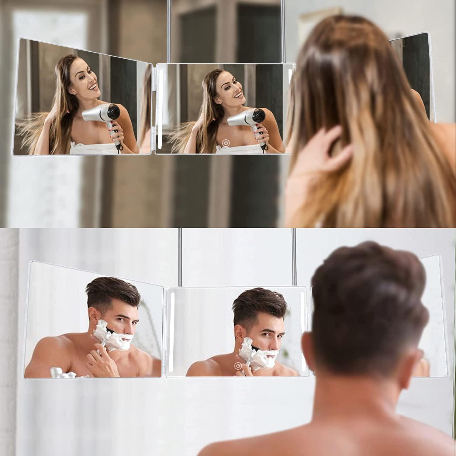 HIEEY HIEEY 3 Way Mirror for Hair Cutting with LED ,360 Trifold Mirror with Height Adjustable Telescoping Hooks,and 5X Magnification Mirror,for Makeup, Hair Styling (White)