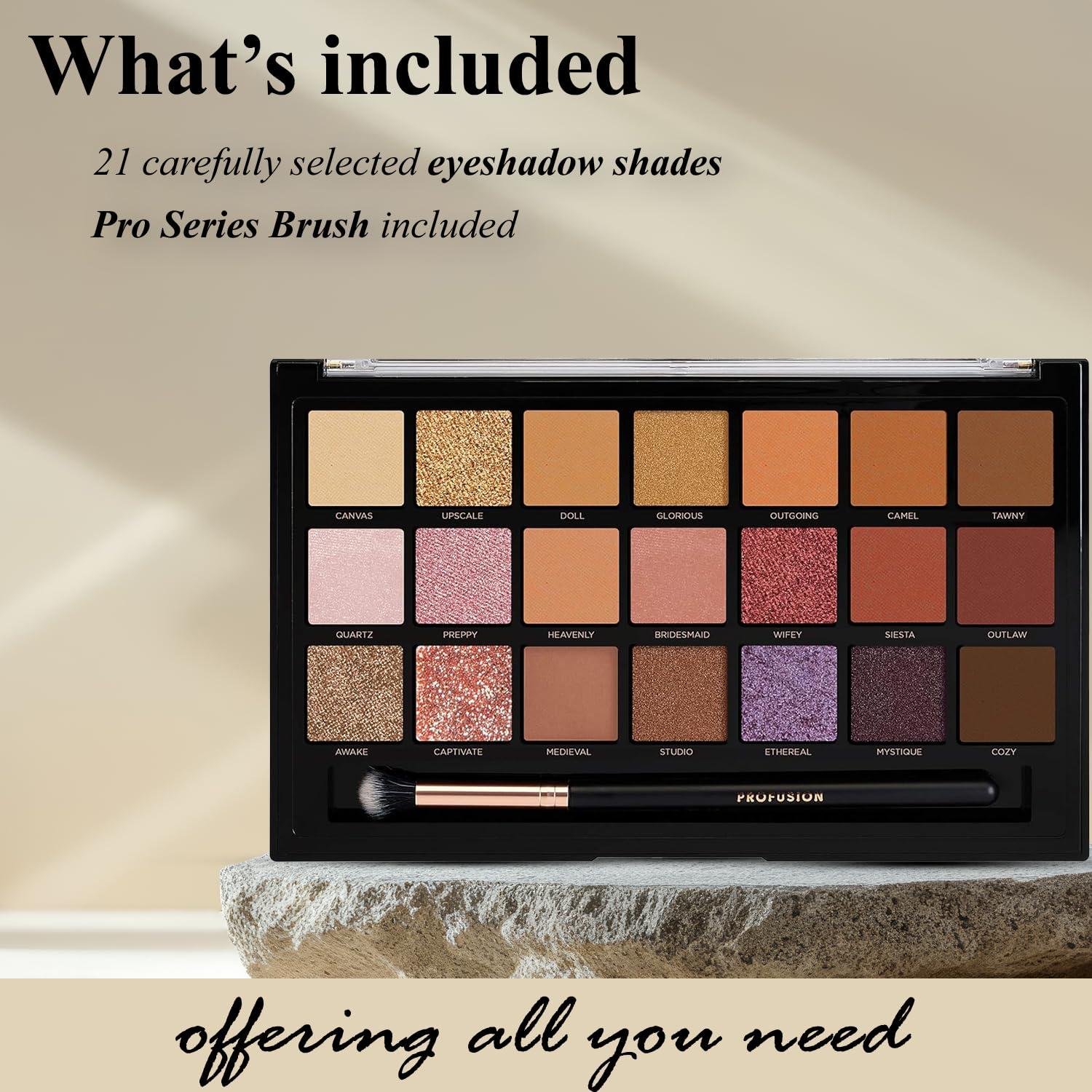 Profusion Cosmetics Profusion Cosmetics Nude Bliss 21 Shade Eyeshadow Palette and Pro Series Brush, Unleash Creativity and Get Glam With Richly Pigmented Eyeshadow, Luxurious and Versatile Makeup Kit for Stunning Looks