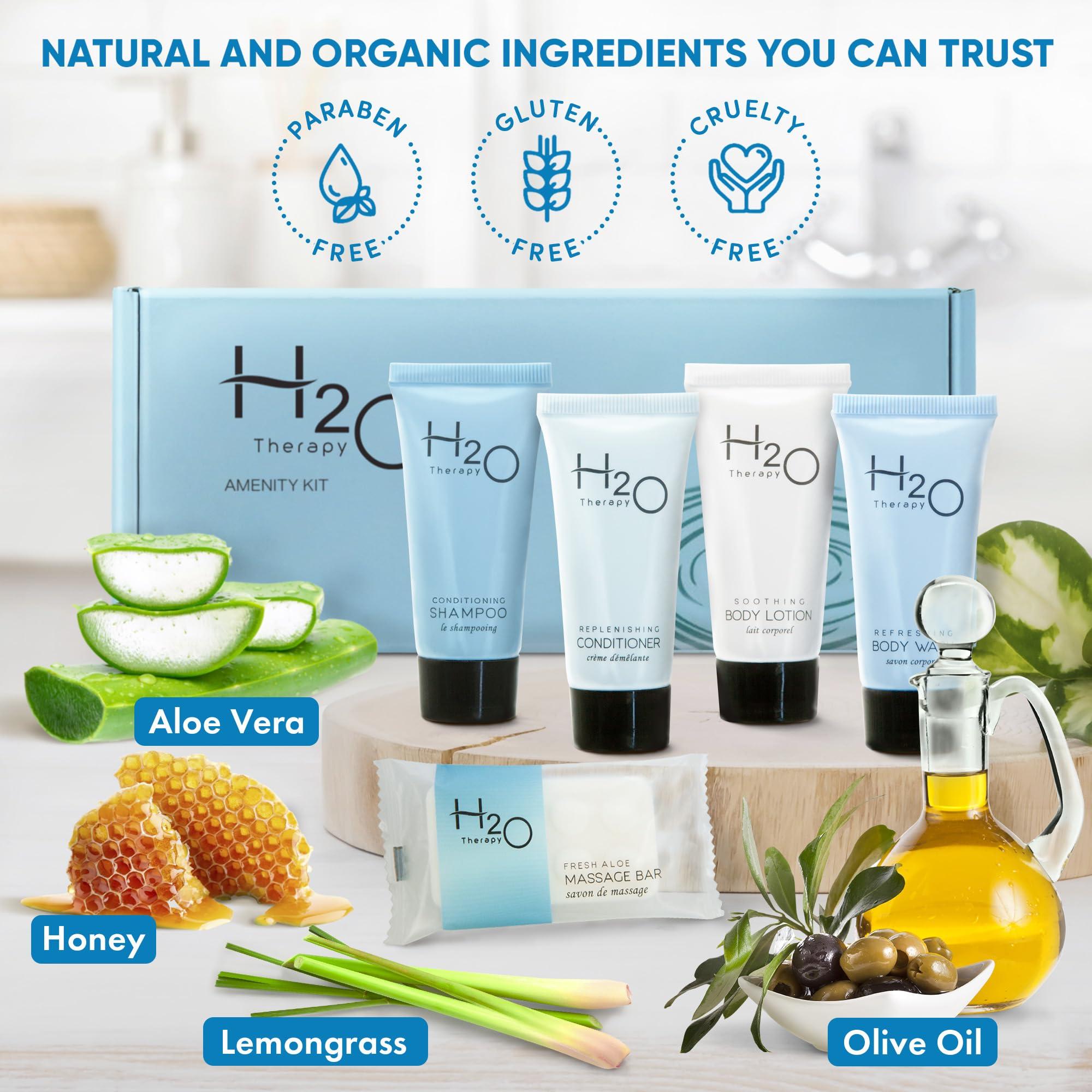 H2O Therapy H2O Therapy Amenity & Accessory Kit | 0.85 oz Travel Size Shampoo, Conditioner, Lotion, Body Wash, Massage Bar, Cleansing Bar, Shave & Dental Sets, Make-Up Remover Wipes, & Vanity Kit | 15 sets/case