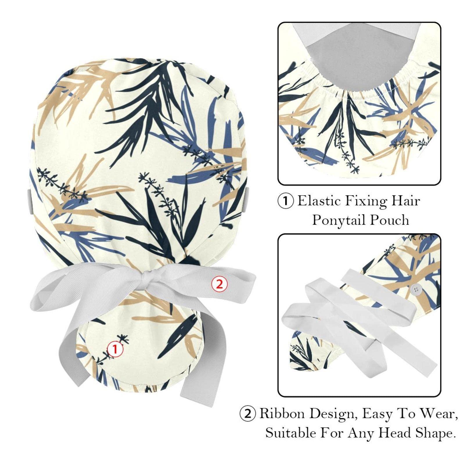 Lyetny Blue and Beige Bamboo Leaves and Flower Oriental Scrub Caps Hats Women Bouffant Working Hat Ponytail Holder for Women Long Hair Covers 2PCS