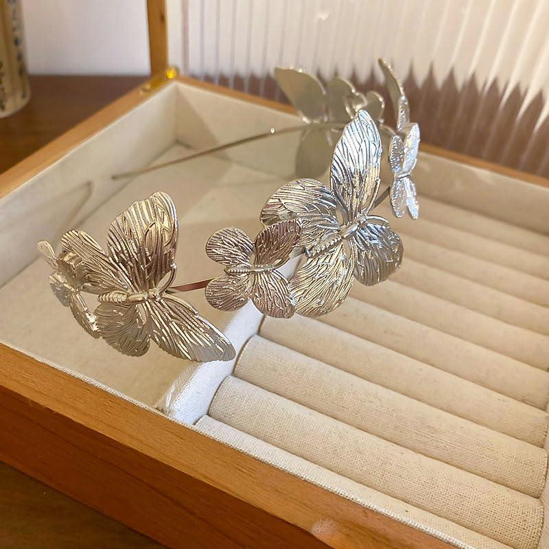 Asphinien Asphinien Gold Metal Butterfly Headband for Women Silver Butterfly Tiara Crown Non-Slip Headwear Head Hoop Alloy Tiara Headpiece Hair Accessories (Silver, Standard)