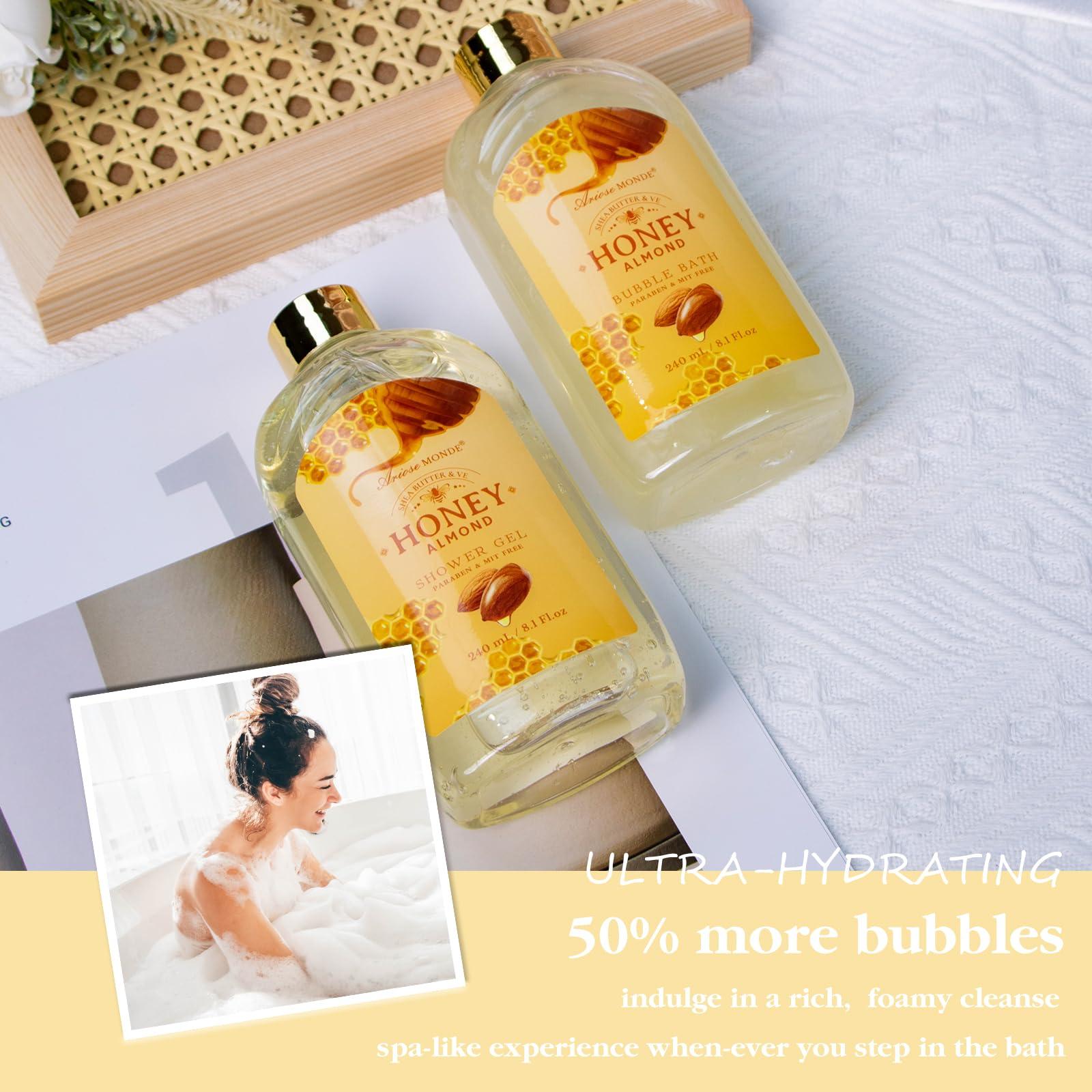 ArioseMonde Gift Baskets for Women, Spa Gifts for Women, 8pcs Honey Almond Bath Gift Set for Women, Relaxation Self Care Spa Kit W/Bath Bomb, Bubble Bath, Mom Birthday Gifts, Christmas Gifts Thank You Gifts