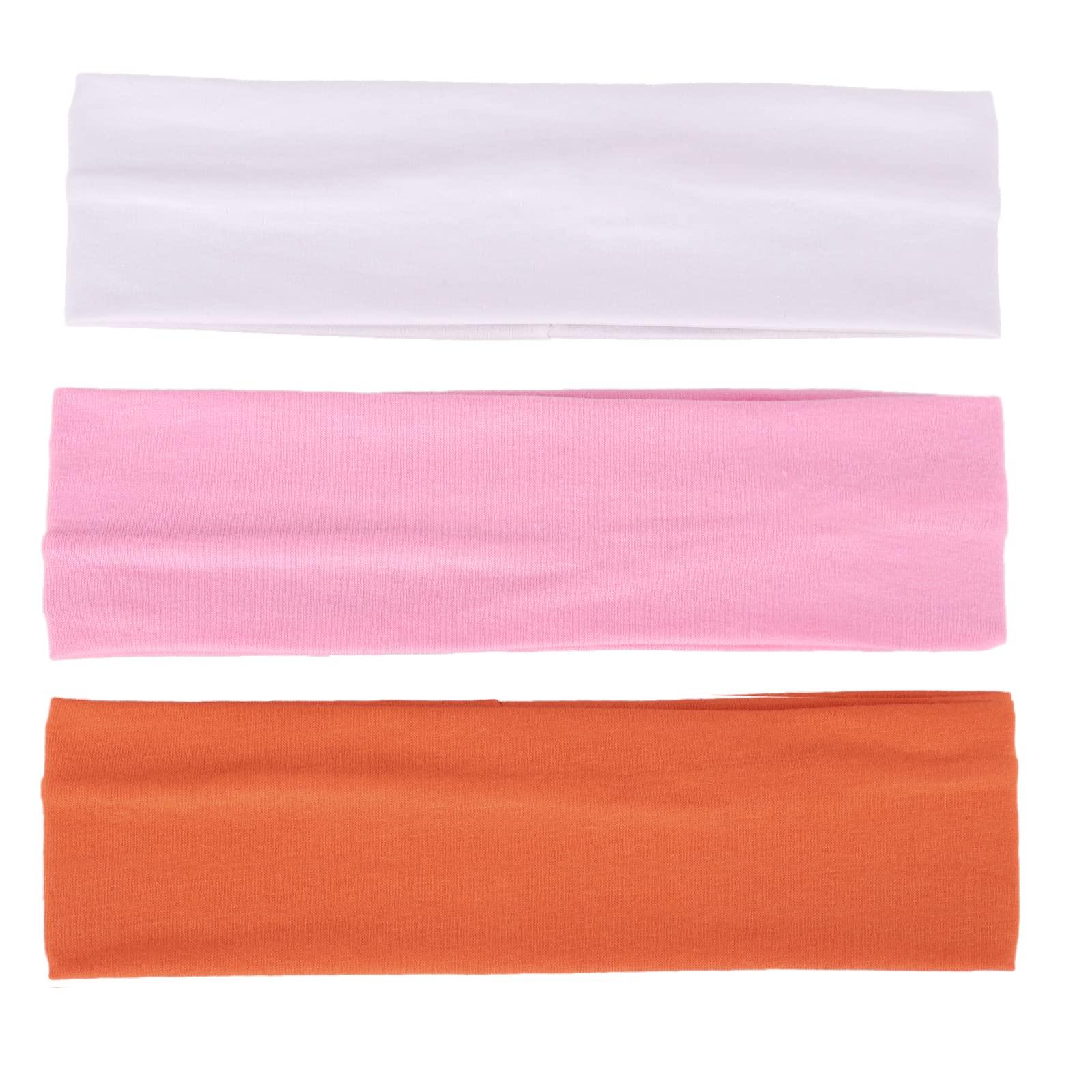 MapofBeauty MapofBeauty 3 Pack Yoga Headbands Stretchy Cotton Head Band Hairwarp Sports Running Exercise Gym (White/Pink/Orange)
