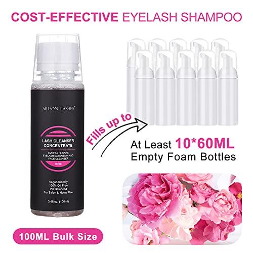 ARISON LASHES Eyelash Cleanser Concentrate 100ml Professional Lash Extensions Shampoo Natural Foaming Cleanser for Extensions Lashes with Salon Home Care-Makes 10 Bottles 60ml Eyelash Shampoo(Rose)