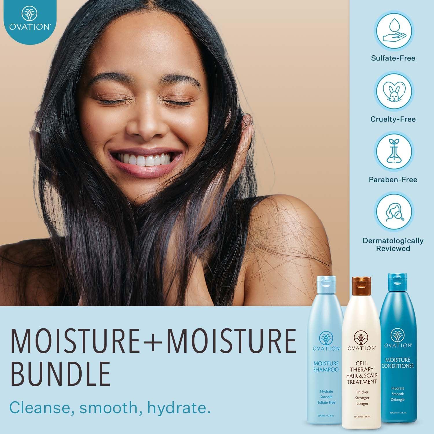 Ovation Hair Ovation Hair Moisturizing 3-Step System - with Moisture Shampoo, Conditioner, and Cell Therapy Growth & Scalp Treatment - Nourish, Smooth, Detangle, & Hydrate Brittle Locks