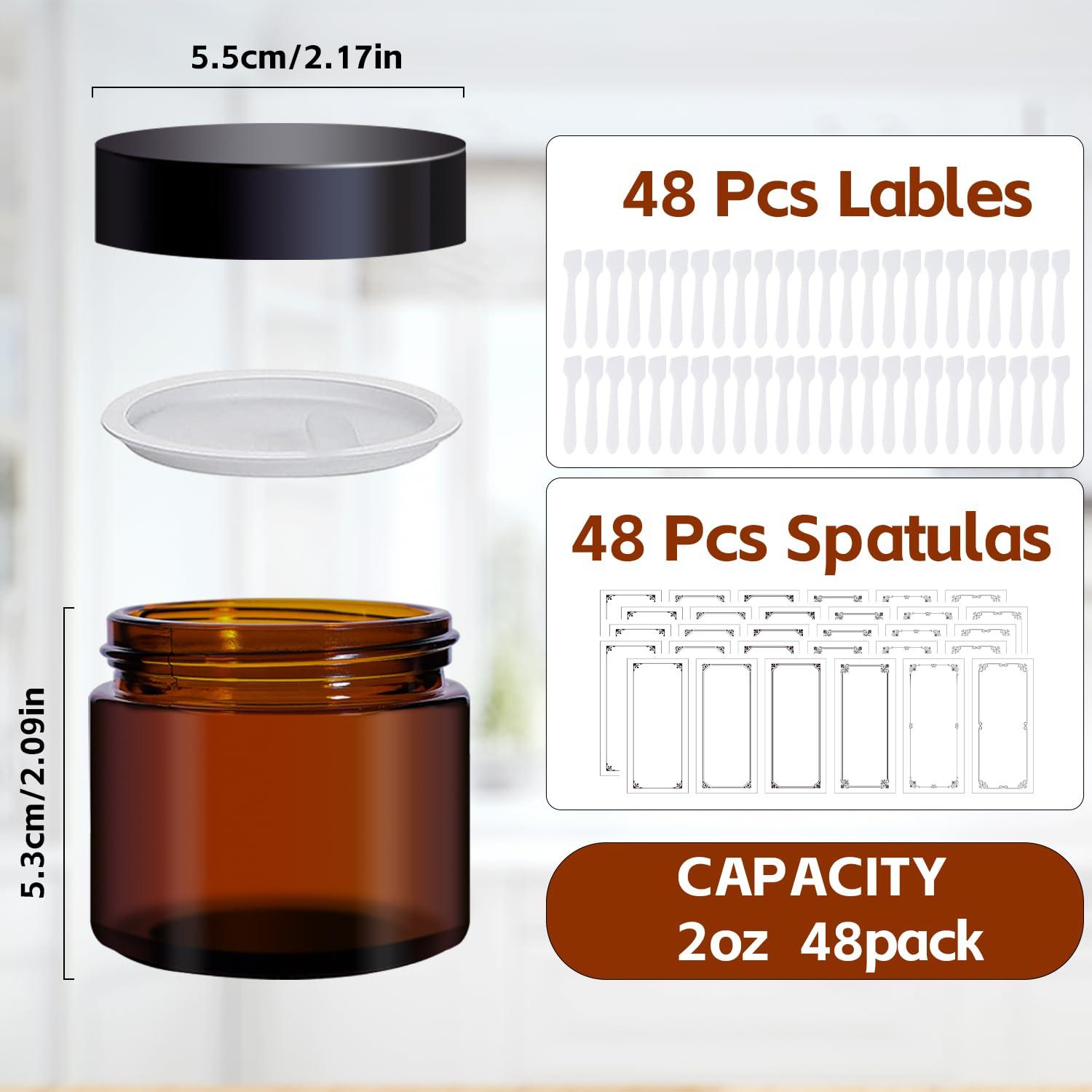 Ltzmcmy Ltzmcmy 2 oz Amber Glass Jars with Lids,48 Pack 2oz Small Container Jars with Inner Liners and Black Lids for Cosmetics,Cream Lotion,Body Scrub