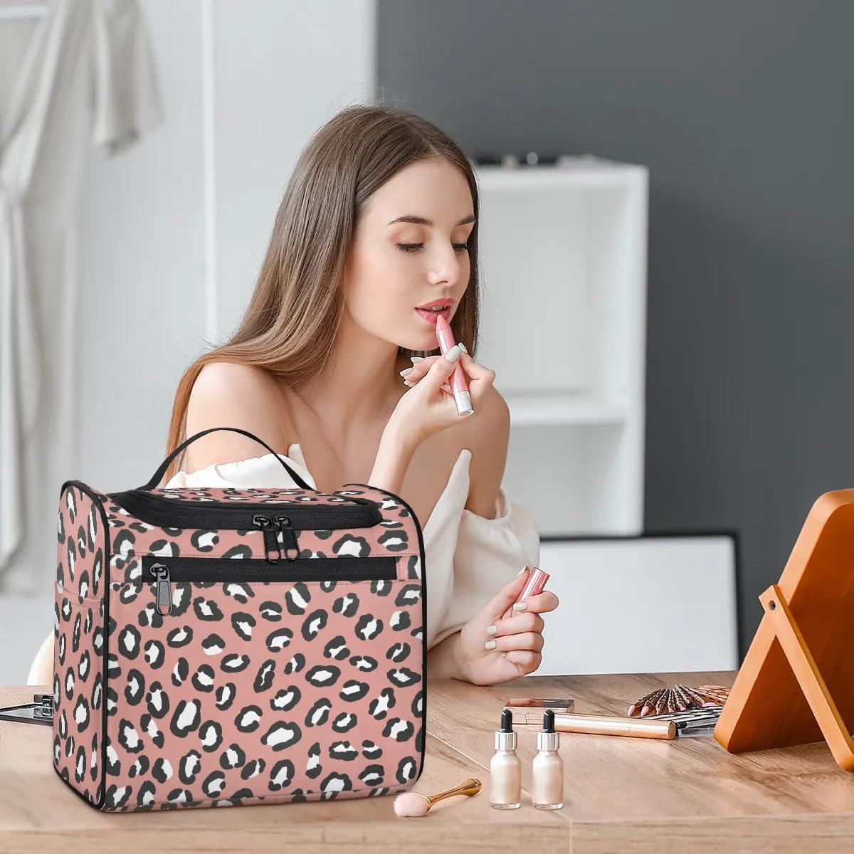 OMFUNS OMFUNS Dark Pink Leopard Print Hanging Toiletry Bag Wash Makeup Bag for Women Men Travel Cosmetics Bag Shaving Bag Organizer Kit for Accessories, Cosmetics, Travel Essentials