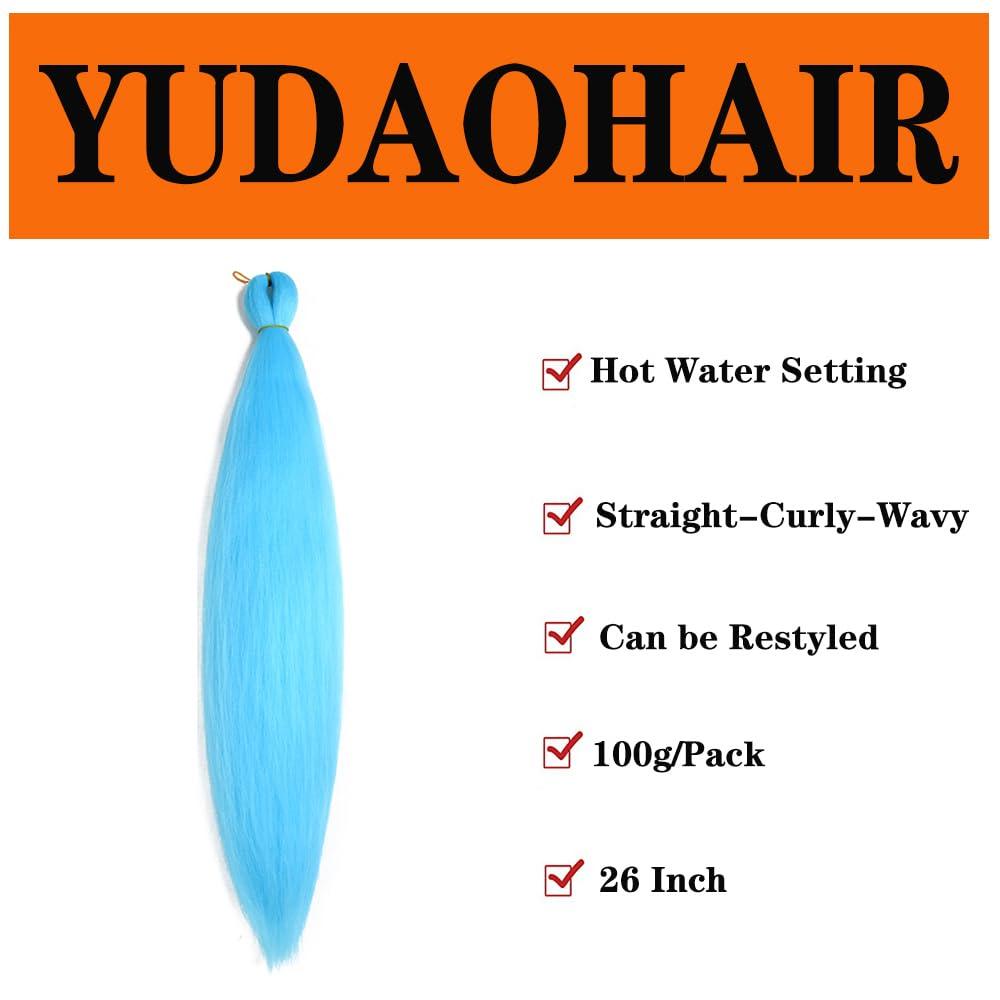 YUDAOHAIR Pre Stretched Braiding Hair 26 Inch Light Blue Braiding Hair Extensions Hot Water Setting Crochet Box Braids Hair (26 Inch (Pack of 1), Sky Blue)