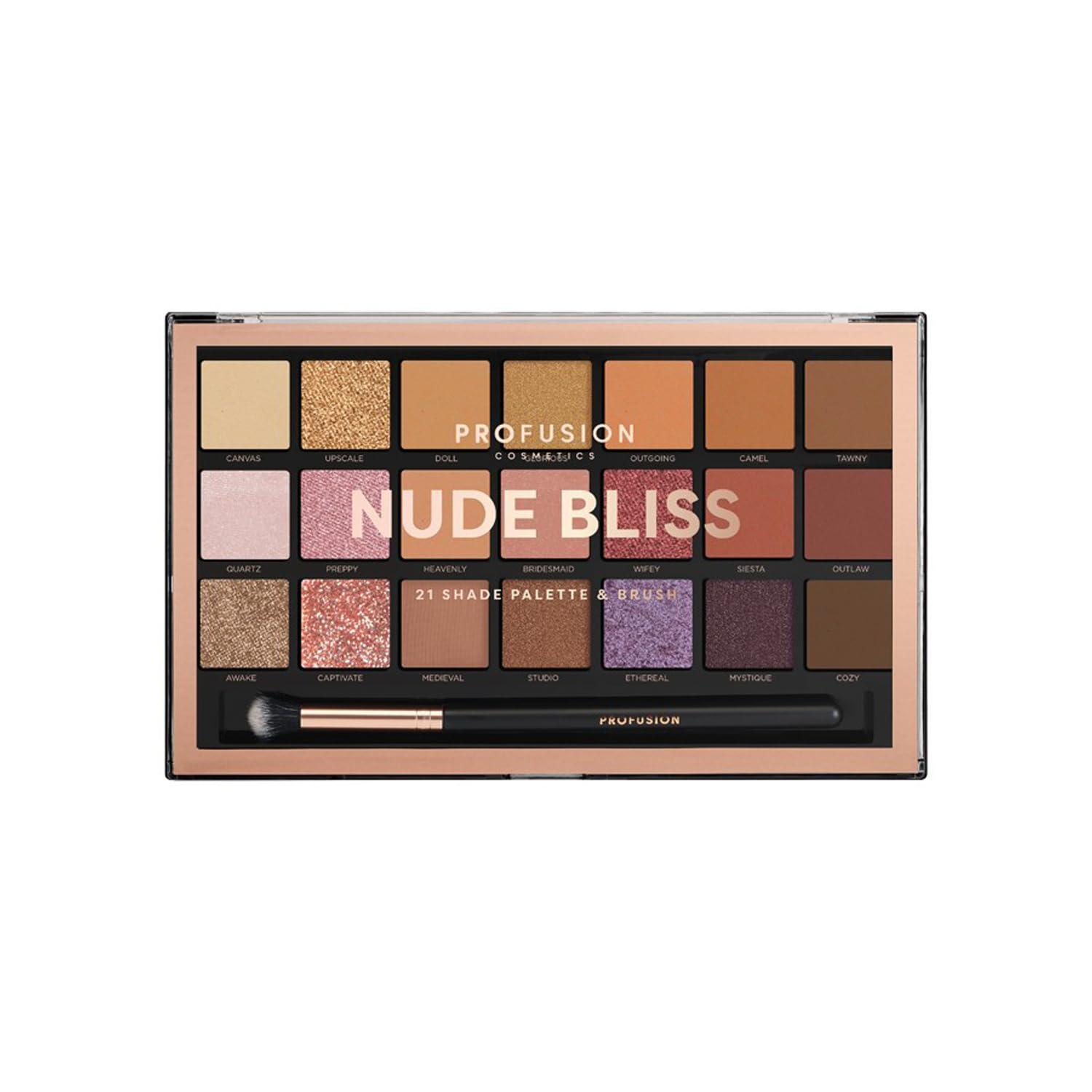 Profusion Cosmetics Profusion Cosmetics Nude Bliss 21 Shade Eyeshadow Palette and Pro Series Brush, Unleash Creativity and Get Glam With Richly Pigmented Eyeshadow, Luxurious and Versatile Makeup Kit for Stunning Looks