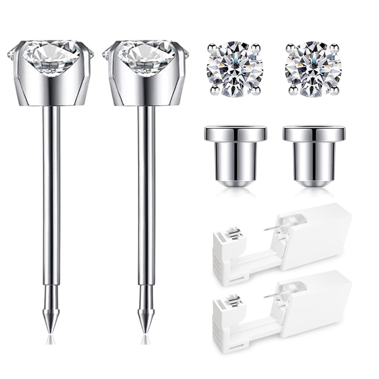 SugarTang SugarTang Ear Piercing Kit | Disposable Ear Piercing Gun Kit Made in 316L Surgical Stainless Steel with 4mm - 4prong Cubic Zirconia | At Home Self Piercing Kit with Earrings Studs