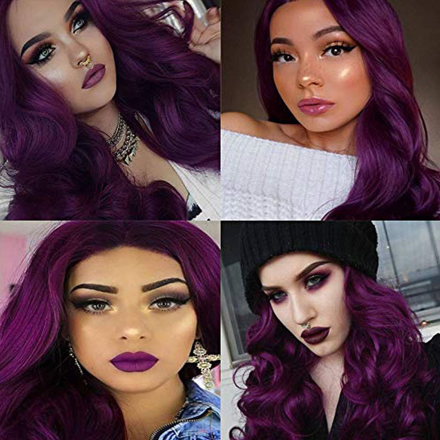 Karissa Hair Purple Lace Front Wigs for Women Body Wave Long Synthetic Realistic Hair Wig with Black Roots Glueless Hair Replacement Wigs 24 Inch