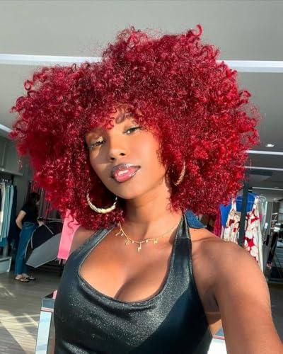 CC Hair Red Curly Wigs for Black Women Afro Curly Wigs with Bangs Afro Hair Synthetic Fiber Wigs Short Curly Wig (14inch)