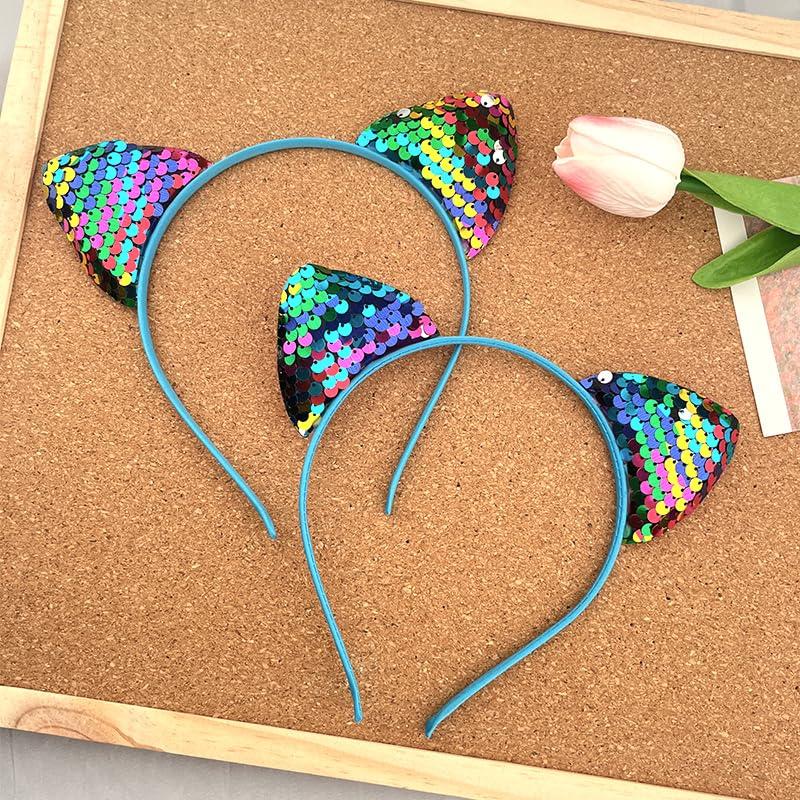 yaozeio yaozeio Halloween Bling Rainbow Hair Band Glitter Sequin Cat Ears Headbands Reversible Sequin Fabric Hair Band No Slip Elastic Head Bands Halloween Hair Accessries for Girls Women 2pcs