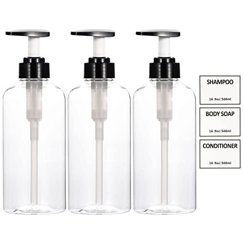 Yeeco Clear Shampoo and Conditioner Bottles,Yeeco Shampoo Pump Bottle Shampoo Bottles Dispenser with Waterproof Labels 16.9oz/500ml 3 Pack for Shampoo and ConditionerBathroom, Kitchen, Hotel