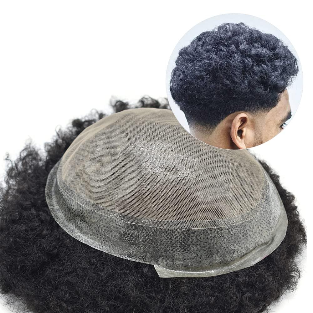 CURVE HAIR Afro Kinky Curly Hair Units For Black Men Toupee Soft Brazilian Human Hair Unit For Men Afro Wave Hair Replacement Systems Natural Looking Afro Toupee For Men (6mm wave, 1B OFF BLACK)