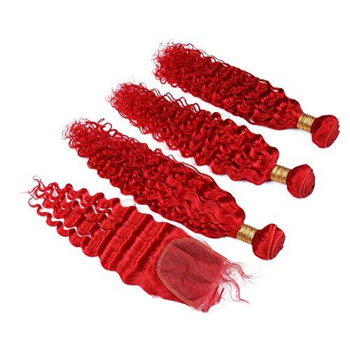 General Peruvian Red Color Human Hair Bundles with Closure 4 with 4 Inches Deep Wavy Mixed Length Virgin Double Drawn Hair Weft