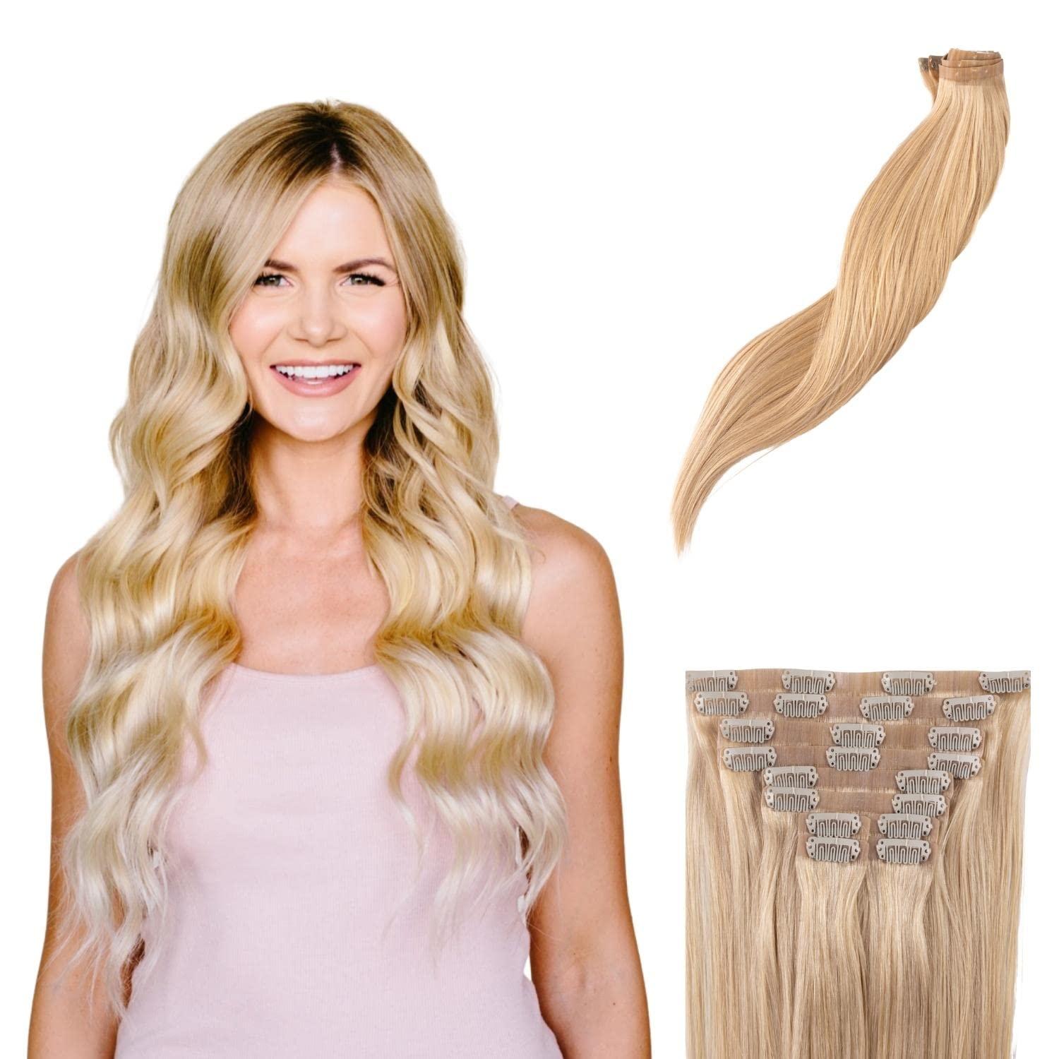 BFB Hair BFB Hair Clip-in Hair Extensions for Women, Real Human Hair Extensions, Barefoot Blonde Highlighted Blonde 21 inch 10 pcs 160 grams, Seamless Design, Straight & Long Remy Extensions
