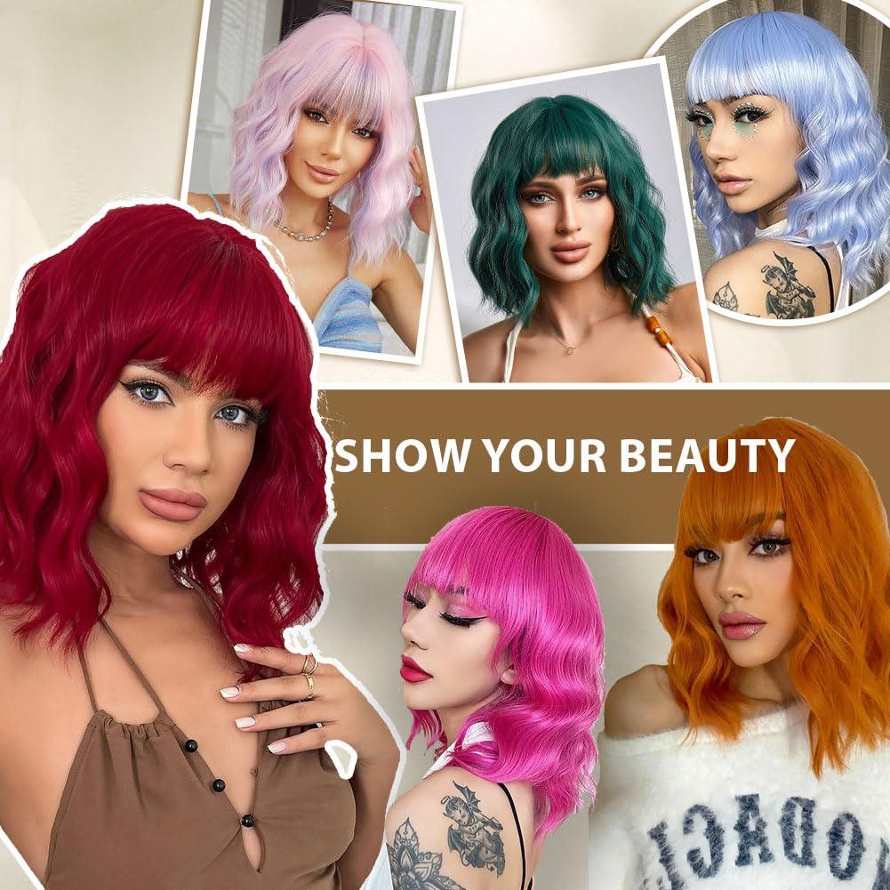 LOSMOEER LOSMOEER Green Wig with Bangs Short Wavy Wigs for Women Shoulder Length Curly Bob Wigs Heat Resistant Synthetic Wigs for Halloween Cosplay Daily Party Use