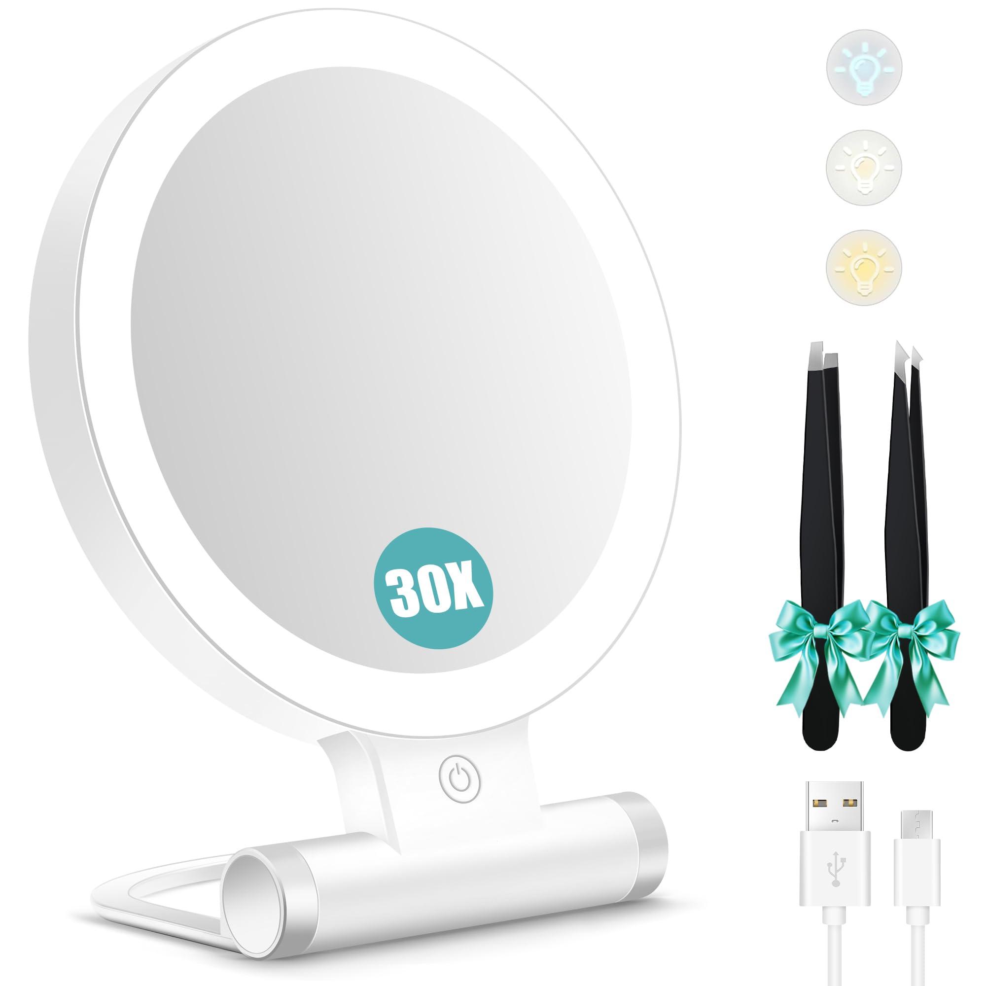B Beauty Planet B Beauty Planet Magnifying Mirror with Light 30X, Double-Sided 1X/ 30X Magnifying Makeup Mirror with Tweezer, 2000mAh 3 Colour Modes with Adjustable Brightness,Foldable Compact Travel Mirror