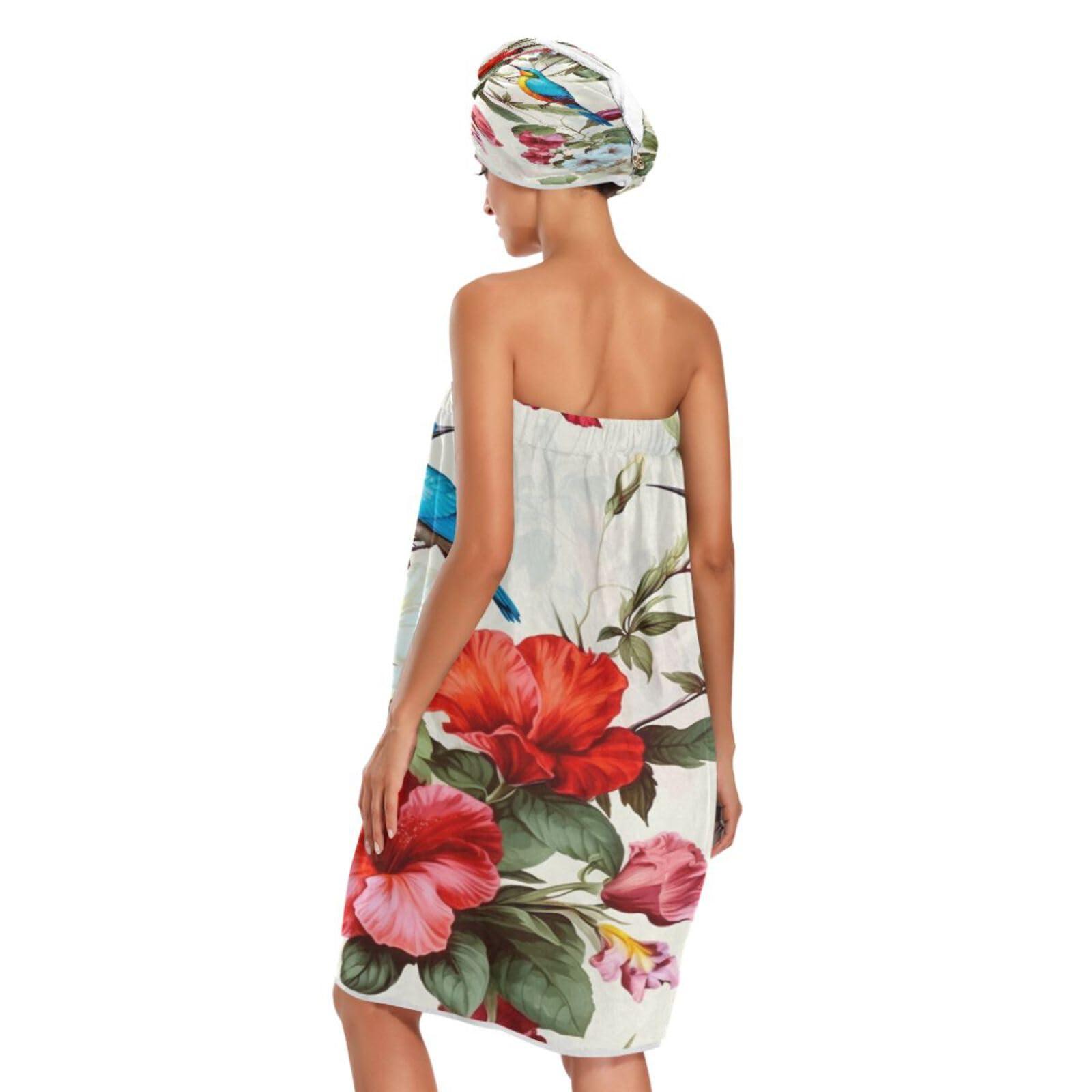 Bulletgxll Bulletgxll Floral with Birds Women's Shower Wrap Towel Set of 3 Adjustable Spa Body Wrap Super Absorbent Bathrobe with Hair Towel & Headband