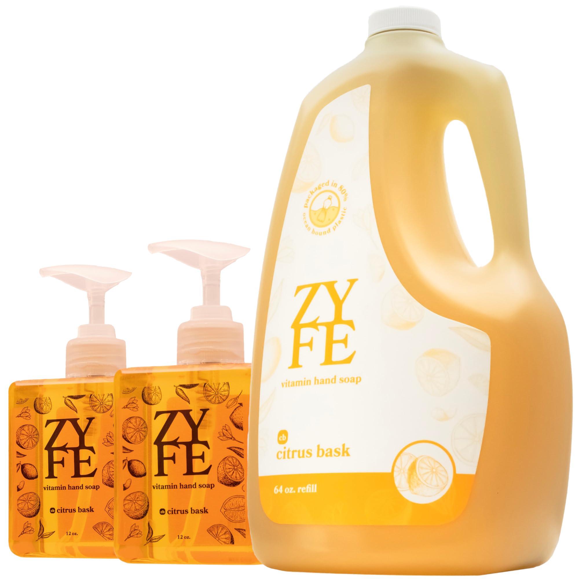ZYFE ZYFE Eco Friendly Hand Soap Refills Family Pack - Pland Dervied Liquid Handsoap With 5x Vitamins - 2 12oz Pump Dispenser Bottles and 1 64oz Refill - Citrus