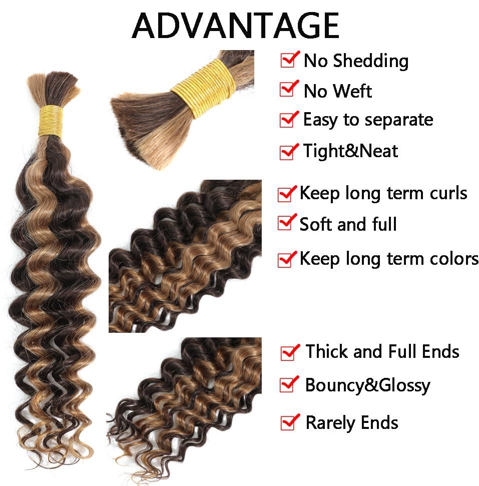 PECWU Deep Wave Bulk Human Hair for Braiding 100 Percent Human Braiding Hair for Boho Braids Unprocessed Virgin Hair Highlight 4/27 Wet and Wavy Braiding Hair No Weft Boho Knotless Braid 1bundle/50g (18\")