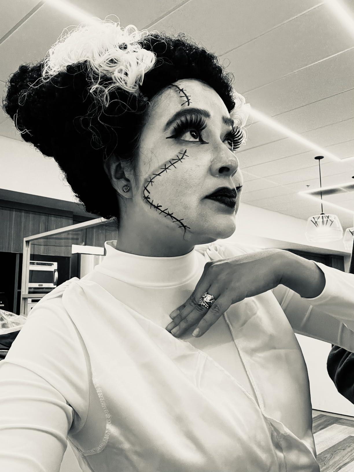 Luvfamday Luvfamday Long Black Curly Wig with White Streaks Goth Bride Wig Top Hat Two Tone Wig Halloween Cosplay Costume Wigs Women Men