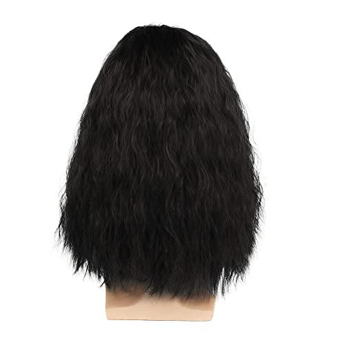 Kaneles Kaneles Mens Long Curly Black Wig Side Part Fuffy 80s Rocker Wig Synthetic Hair Halloween Cosplay Anime Costume Wig for Male Guy
