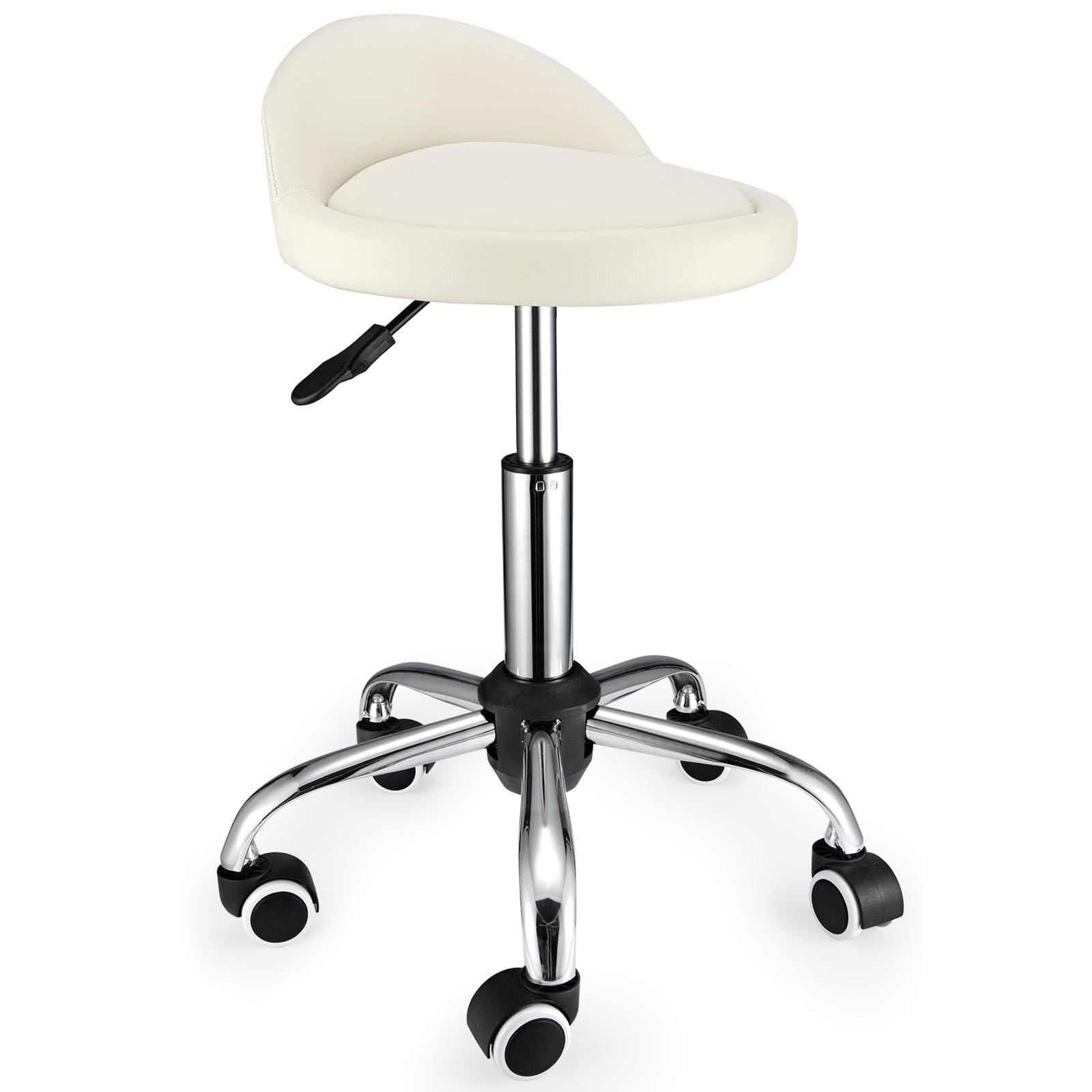 FNZIR FNZIR Swivel Rolling Stool with Wheels Height Adjustable Stool Chair Drafting Chair with Backrest White