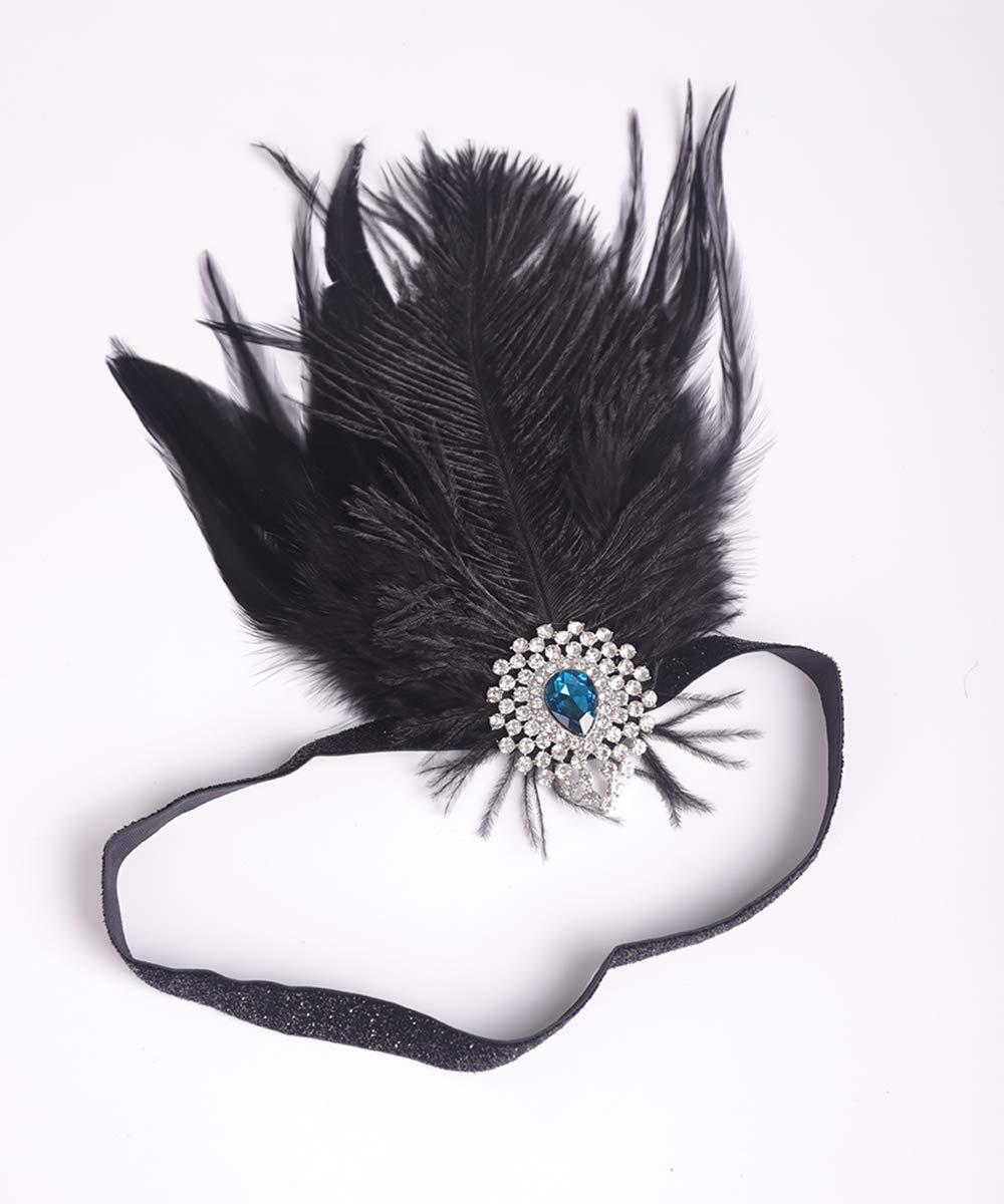Aimimier Aimimier 1920s Flapper Feather Headband Black Sapphire Crystal Headpiece with Sequins Elastic Band Prom Party Festival Hair Jewelry for Women