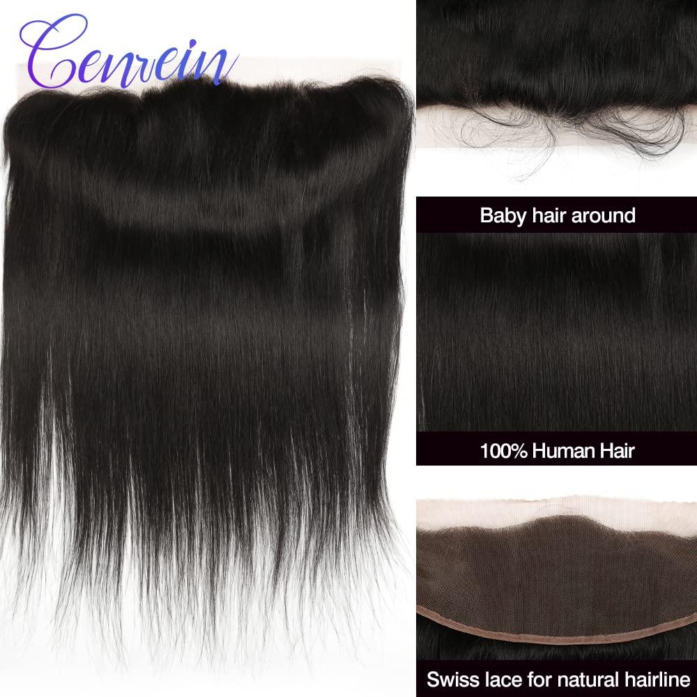 Genrein Genrein Brazilian Bone Straight Hair 13x4\" Lace Frontal closure Ear to Ear Free Part Unprocessed Natural black Straight Human Hair Extensions 9A [14 Inch]