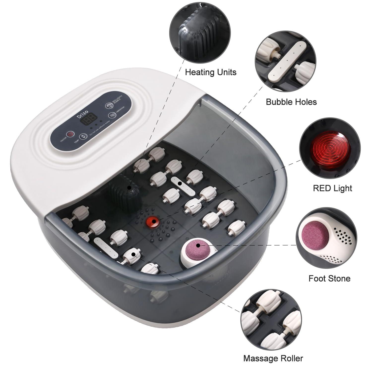 drizo drizo Foot Spa Bath Massager with Heat, Vibration, Temp Control, Bubbles, Epsom Salt and Red Light,Foot Soaker with 22 Massage Rollers,Foot Bath Massager for Relax,Gray