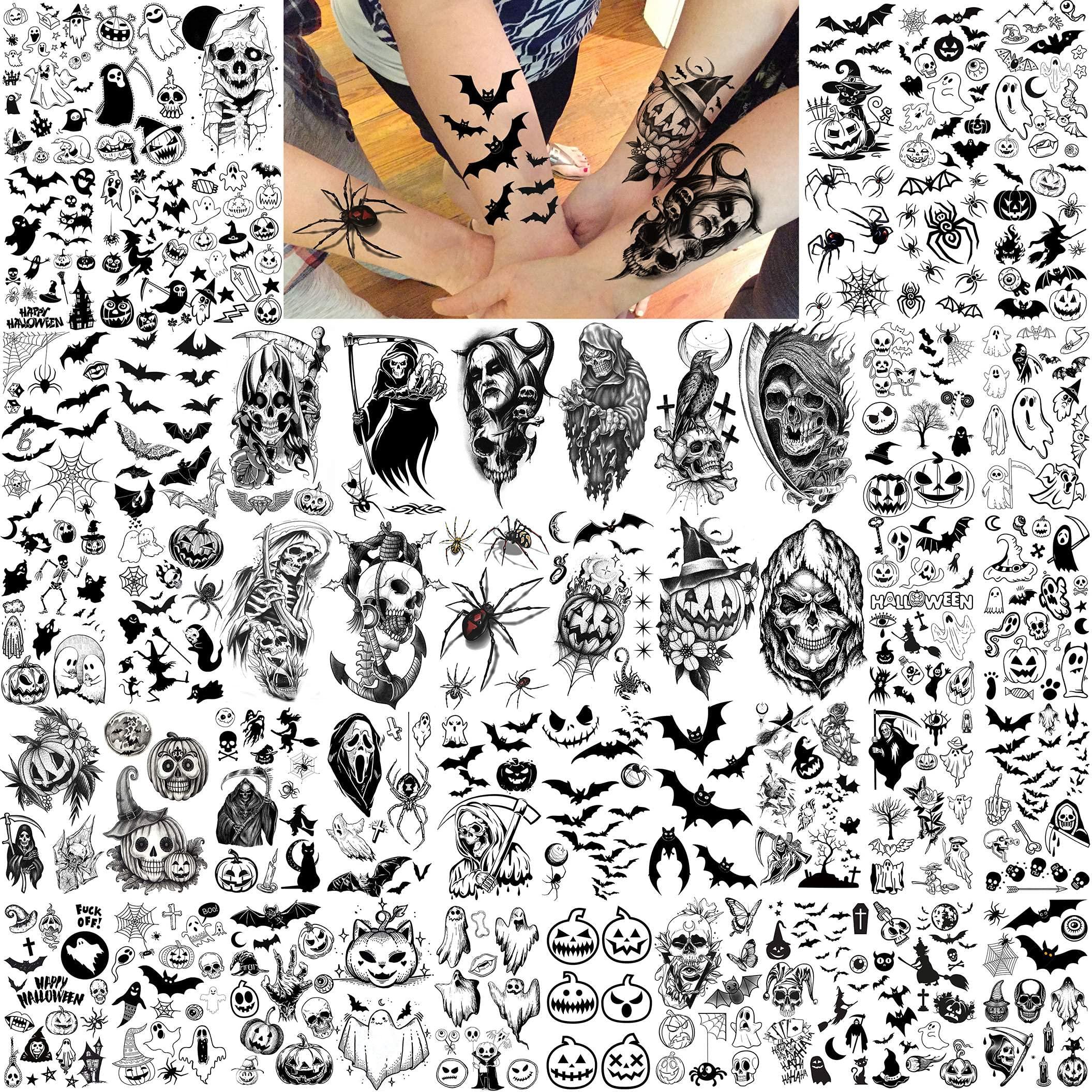 Shegazzi Shegazzi 52 Sheets Halloween Temporary Tattoos For Kids Boys Girls Women Men, 3D Scary Skull Skeleton Fake Tattoos Sticker For Adults, Small Ghost Vampire Bat Pumpkin Spider Temp Transfer Tatoos Devil