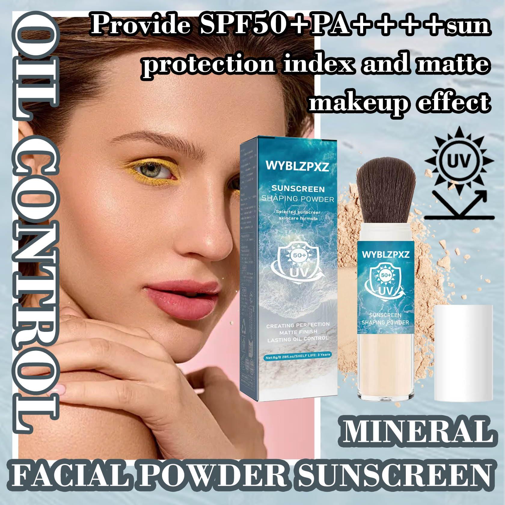 WYBLZPXZ Mineral Facial Powder Sunscreen,SPF50+ PA++++ Loose Setting Sunscreen Powder for Face,Lasting Oil Control Lightweight Brush on Sunscreen for All Skin Types,Matte Concealer Face Setting Powder Makeup