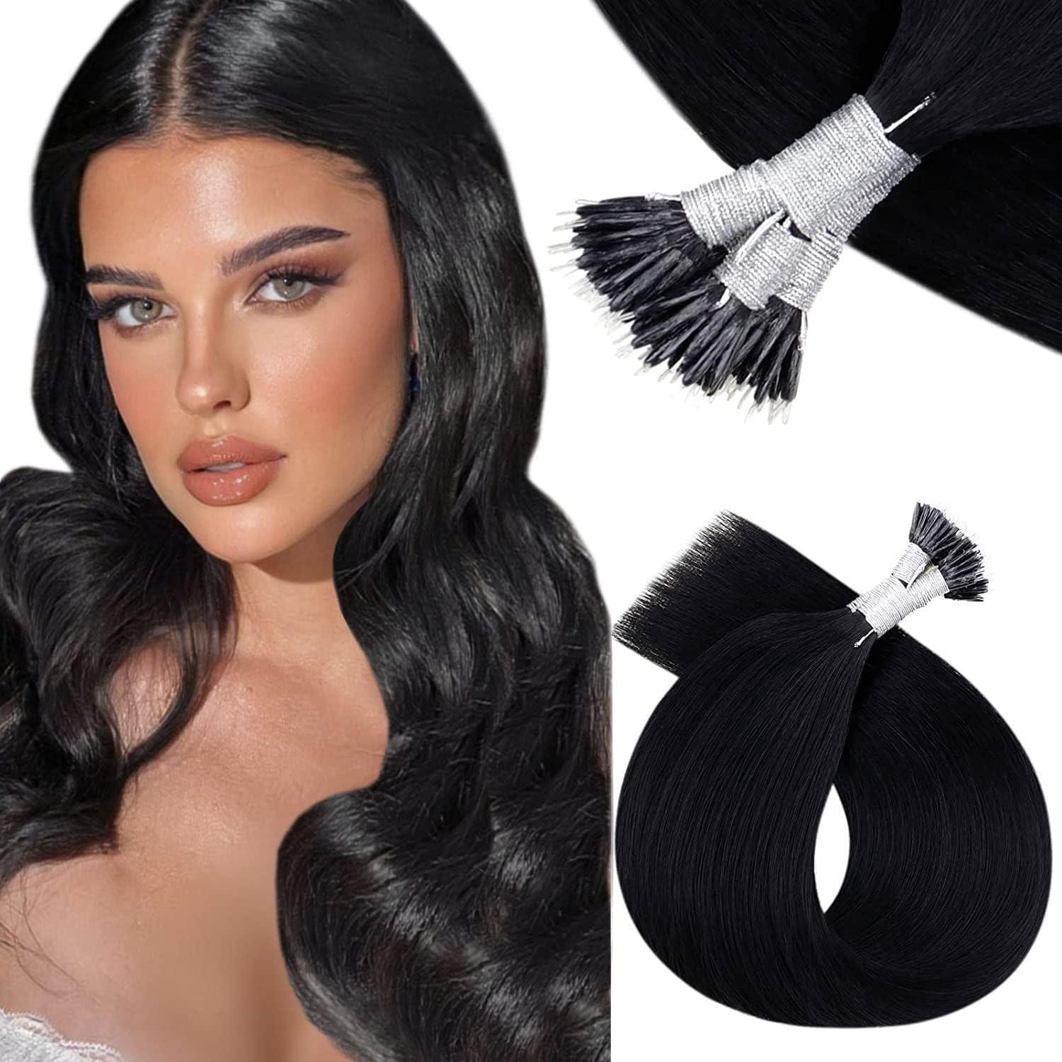 Vivien Vivien 24 Inch Nano Bead Hair Extensions Real Human Hair Jet Black Nano Extensions Human Hair Black Invisible Long Human Hair 50G/50S