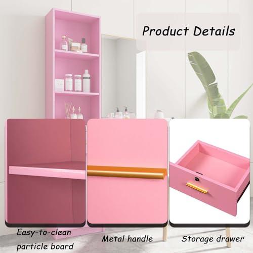 Shuoya Jewelry Salon Stations, Barber Stations Vanity Desk with Open Storage Shelf and Drawers, Hair Styling Equipement Set for Hair Stylist Bedroom Make Up Room Girls Women (Pink)