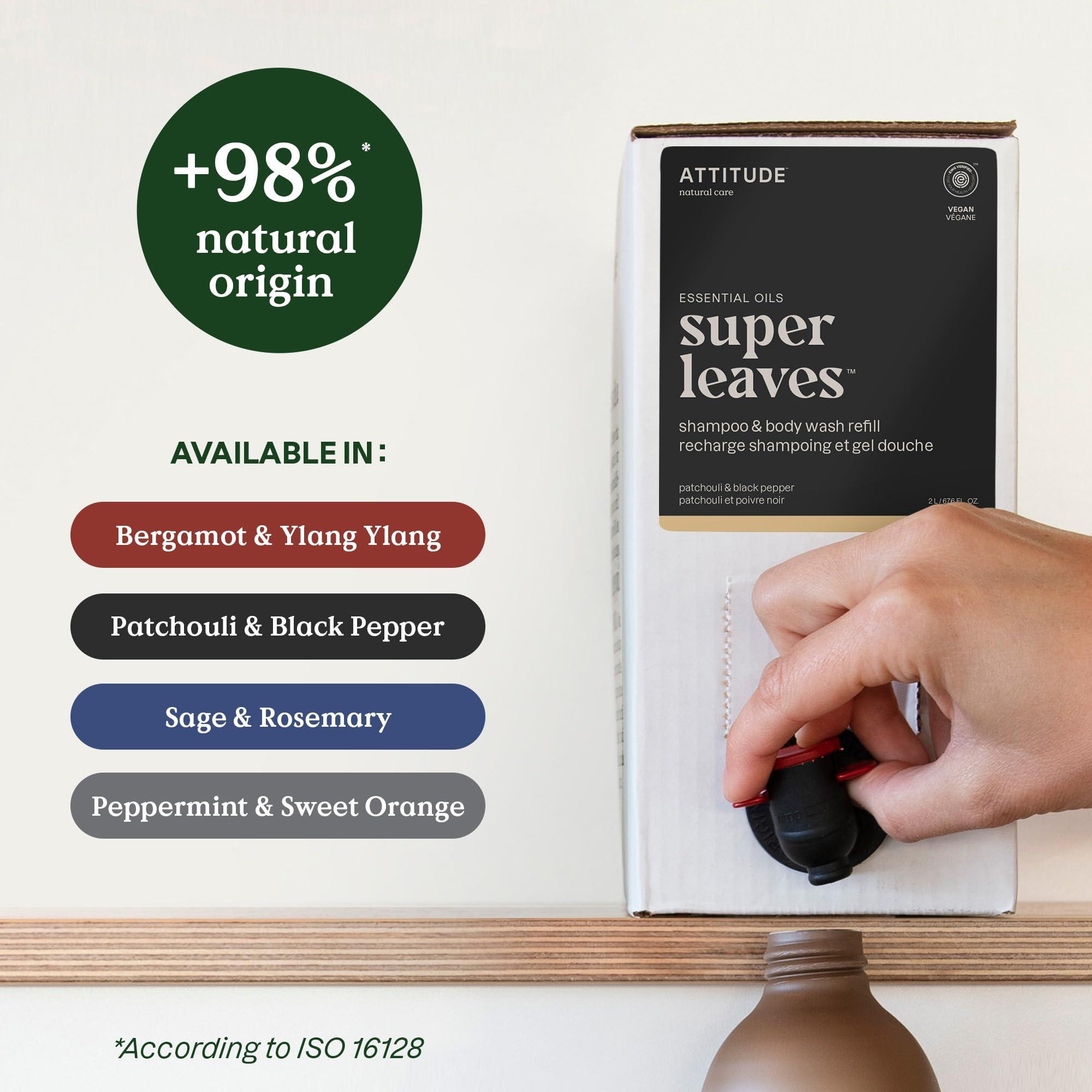 ATTITUDE ATTITUDE 2-in-1 Body Wash and Hair Shampoo, EWG Verified Shower Gel, Dermatologically Tested, Made with Naturally Derived Ingredients, Vegan Personal Care, Peppermint and Sweet Orange, 67.6 Fl Oz