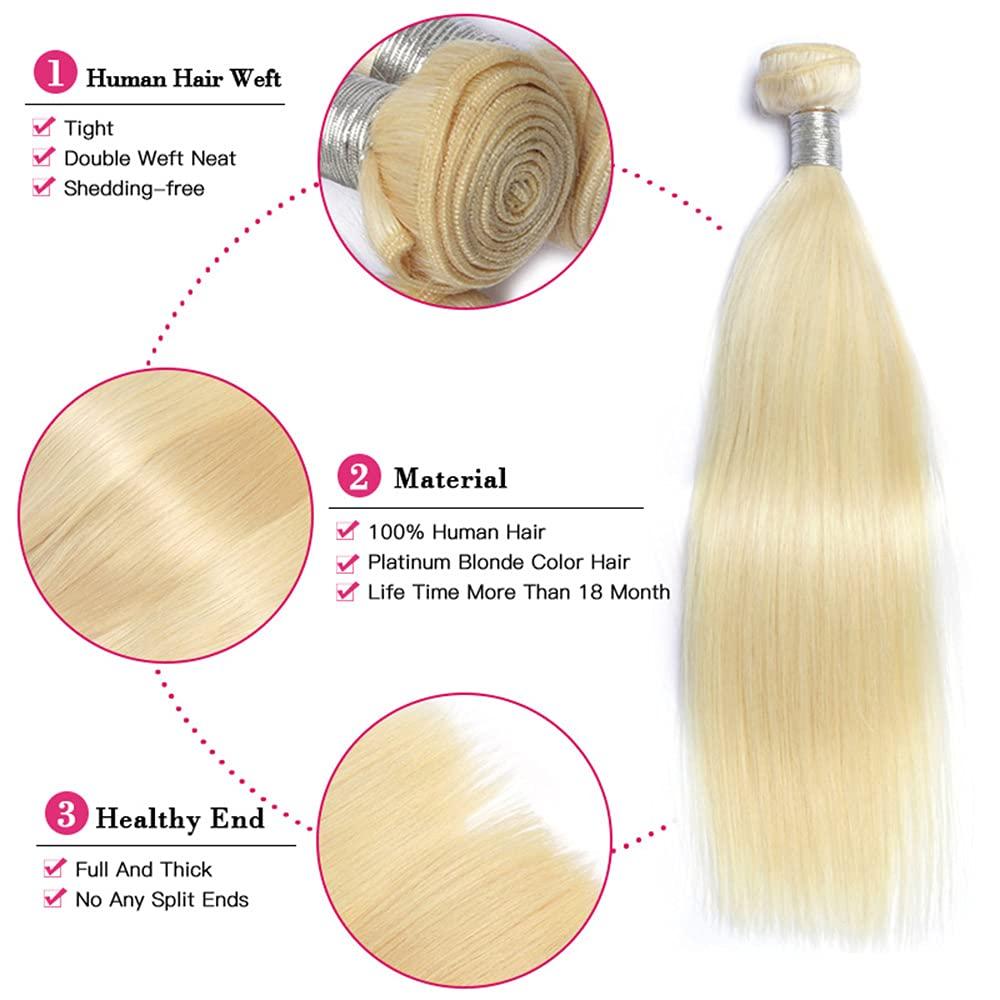 EREE HAIR EREE HAIR 613# Blonde Brazilin Straight Virgin Hair 3 Bundles with 4x4 Lace Closure Middle Part T Part Lace Closure Remy Human Hair Wefts Weave(22 24 26 with 20)