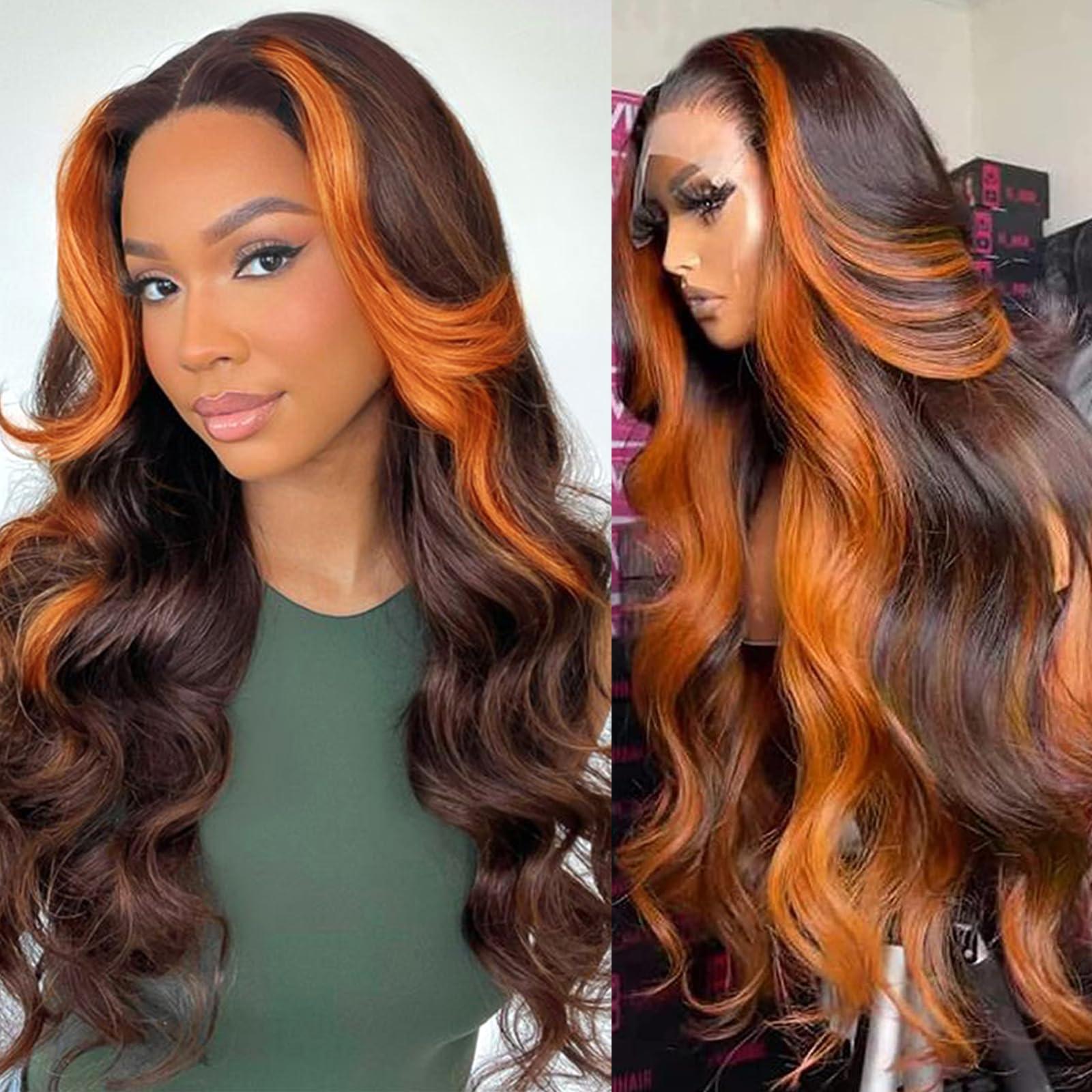 haha haha Chocolate Brown and Ginger Skunk Stripe Lace Front Wig Human Hair Ginger Orange Ombre Highlight Lace Front Wigs Pre Plucked Bleached Knots 13x4 Body Wave Frontal Wig 28 Inch 150% Density