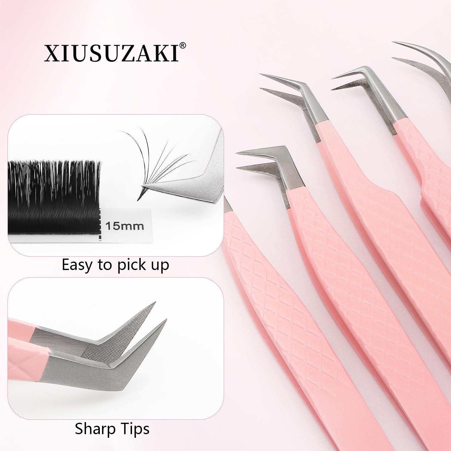 XIUSUZAKI Lash Tweezers For Eyelash Extensions Fiber Tip Lash Tweezers Pink Straight/Curved Lash Extension Tweezers Eyelash Tweezers Professional Tweezers For Lash Extensions(Pink,X07)