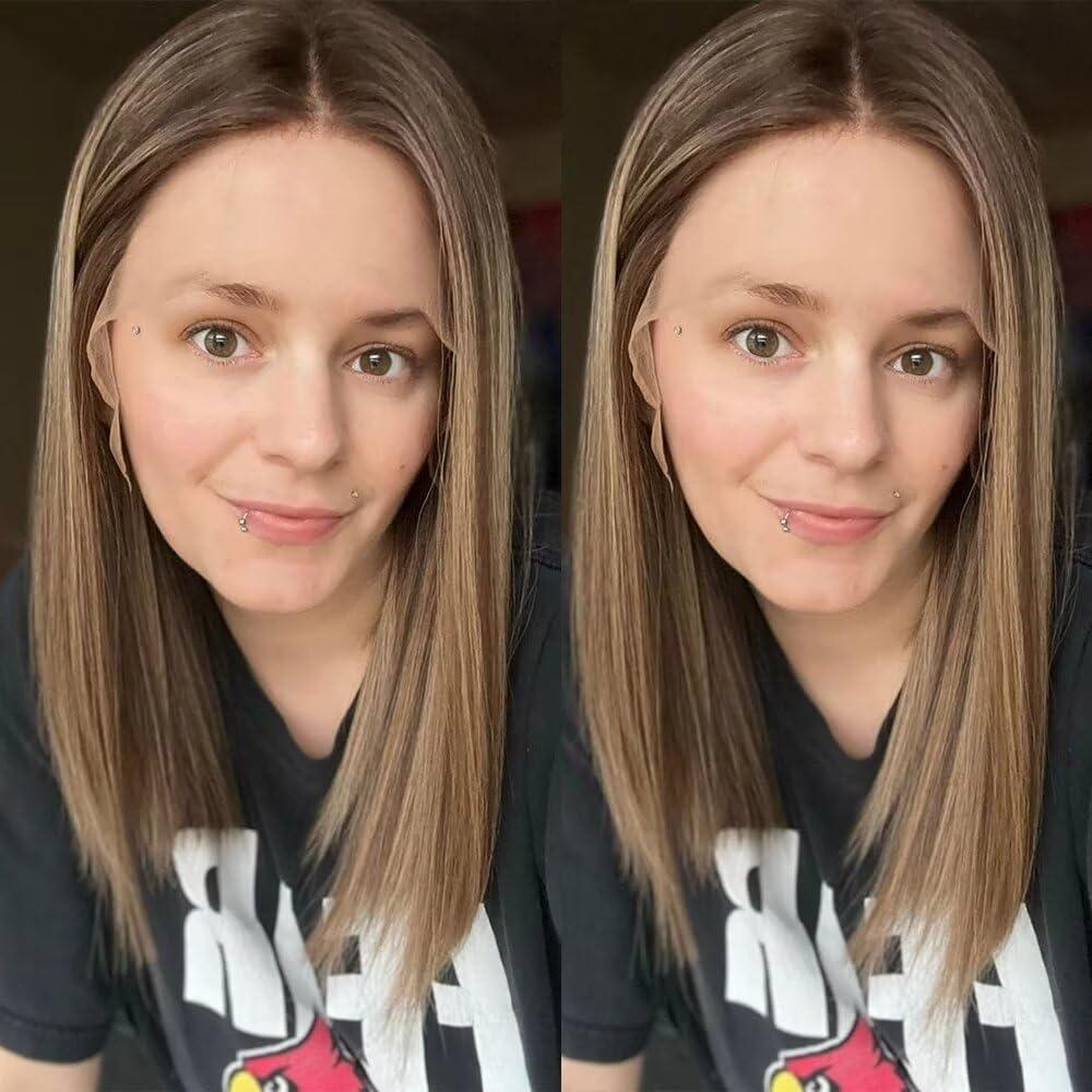 oulaer Straight Wig Human Hair Lace Front Wig HD Rooted Brunette Blonde Highlights Ombre Human Hair Wig 13X6 Lace Front Wig #4/27 Color Wig Pre Plucked for Women Natural Hairline Wig 150% Density 14Inch
