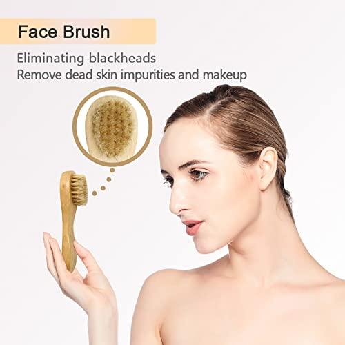 Ptvale Dry Brush for Cellulite and Lymphatic, Dry Brushing Body Brush Set Natural Boar Bristles Exfoliating Back Scrubber with Long Handle Face Brush and Cellulite Massager for Dead Skin Removing 3 PCS