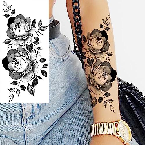 TTHUONG THATHU Black Floral Forearm Temporary Tattoos For Women Adult Girl Rose Flower Round Tattoo Sexy Body Art Washable Tatoos Decal