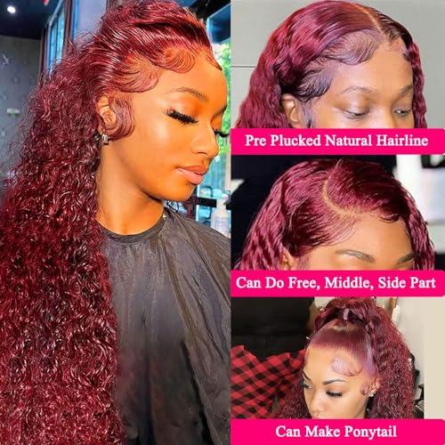 Jolanly 28 Inch Deep Wave Curly 99J Burgundy Lace Front Wigs Human Hair Red Colored Human Hair Wig For Black Women13x4 Curly Transparent Lace Front Wig Pre Plucked